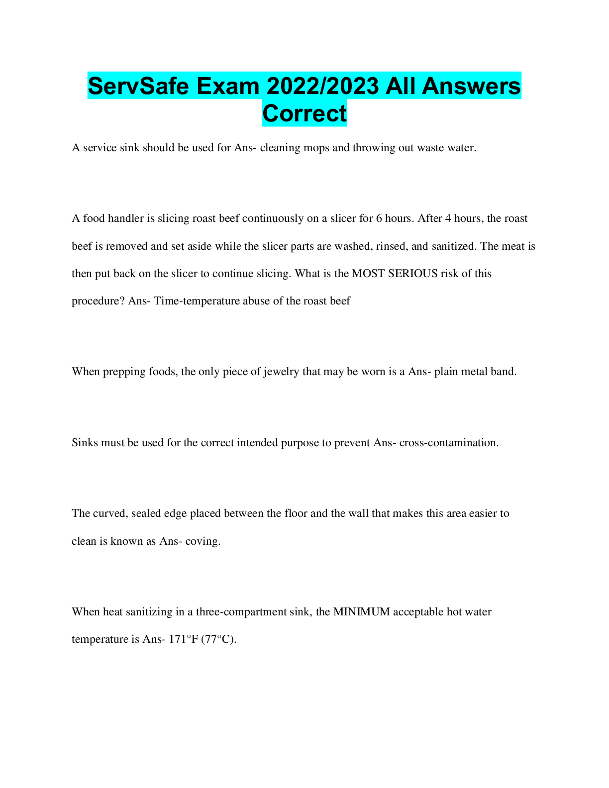 Preview image for ServSafe Exam 2022/2023 All Answers  Correct